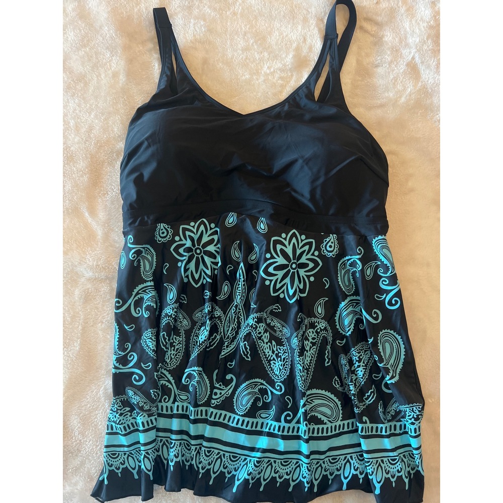 Hanna Nikole Black Turquoise Paisley Swim Top 26W NEW